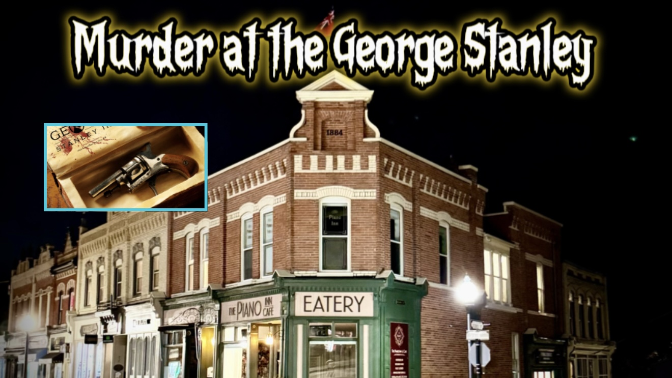 Omnious picture at night of the newly transformed themed hotel The George Stanley Inn with a picture of a revolver in a box and script entitled Murder at the George Stanley